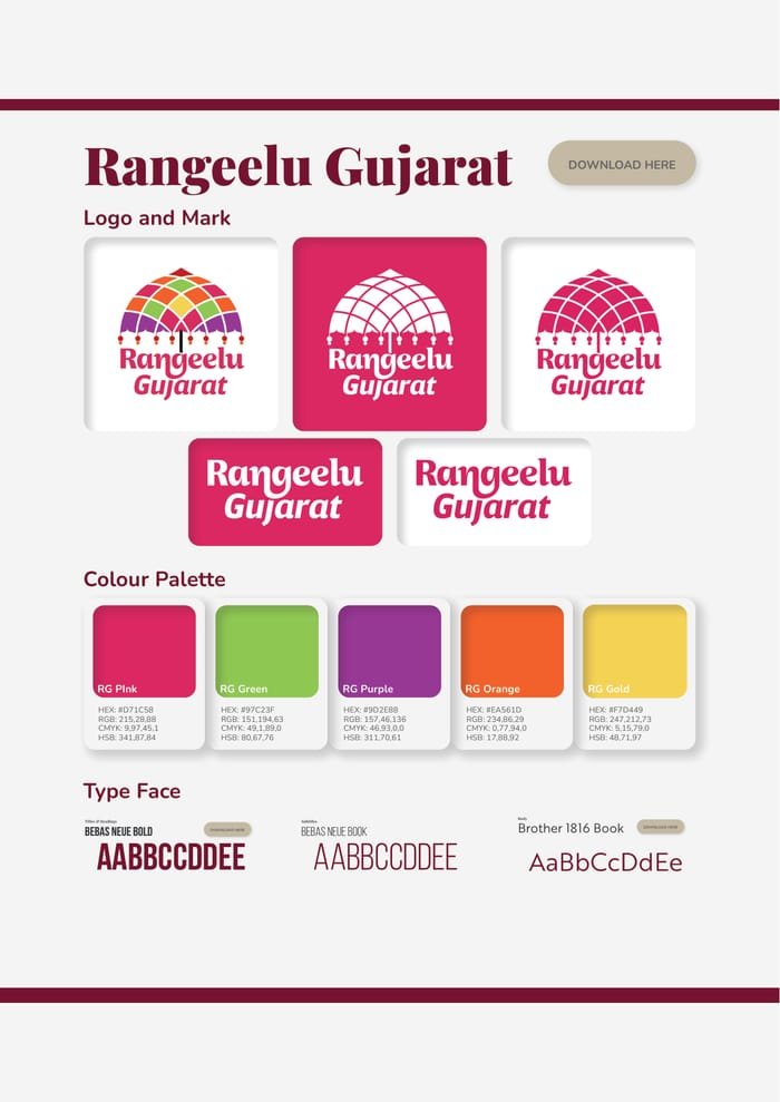 Page from the Red Lotus Events brand guidelines: the Rangeelu Gujarat format's logo, colour palette and typefaces.