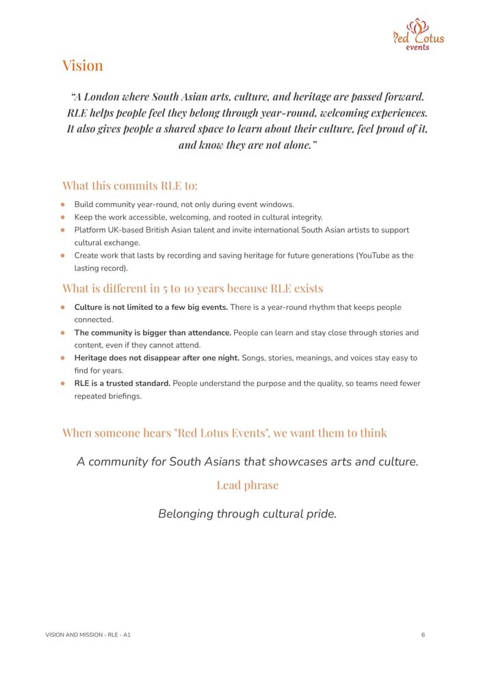 Page from the Red Lotus Events vision and mission strategy: the vision statement and what it commits the organisation to.